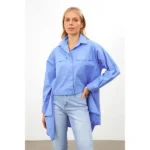 Setre Blue Asymmetrical Detailed Pocket Long Sleeve Shirt